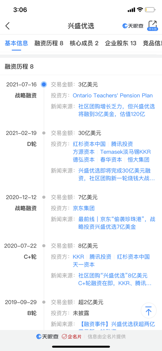 兴盛优选融资历程。图片来源：天眼查