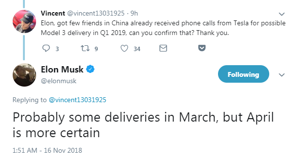 马斯克回复Twitter网友关于在中国交付Model 3的问题
