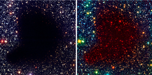 巴纳德68星云（Barnard 68）的博克球状体，其中富含宇宙尘埃。左图为可见光图像，右图为红外图像。该星云的温度低于20k，导致其在可见光和近红外光下都不可见，但与宇宙微波背景的温度相比，它仍然相当温暖。