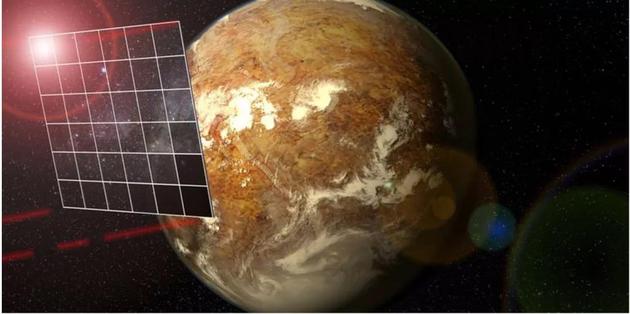 图为“突破摄星”项目探测器抵达潜在的类地行星比邻星b的概念图。飞船光帆的一角可以看到代表激光的线条