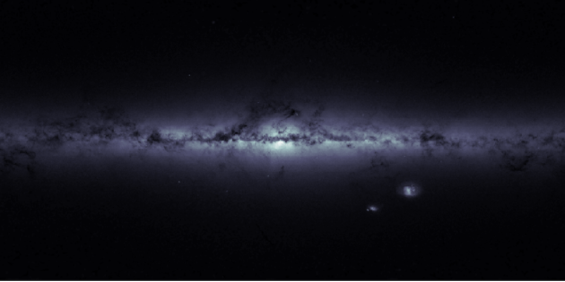 银河系及其周围天空中恒星密度的示意图，可以明显看到银河系和大、小麦哲伦星云。更细看的话，还可以看到球状星团杜鹃座47（NGC 104）位于小麦哲伦星云左侧，武仙座球状星团（NGC 6205）位于银河系核心左侧略偏上的位置，略偏下的则是NGC 7078。总的来说，银河系在其圆盘范围内包含了大约2000至4000亿颗恒星。