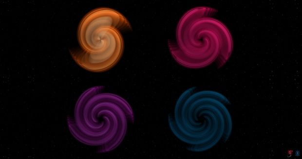 图中是艺术家描绘的两个黑洞，一个比另一个质量大9倍，它们螺旋状地相互撞击。