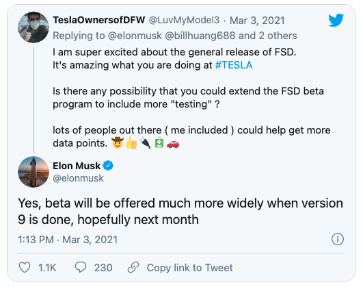 Tesla 马斯克：下个月FSD就可能面向更广泛用户