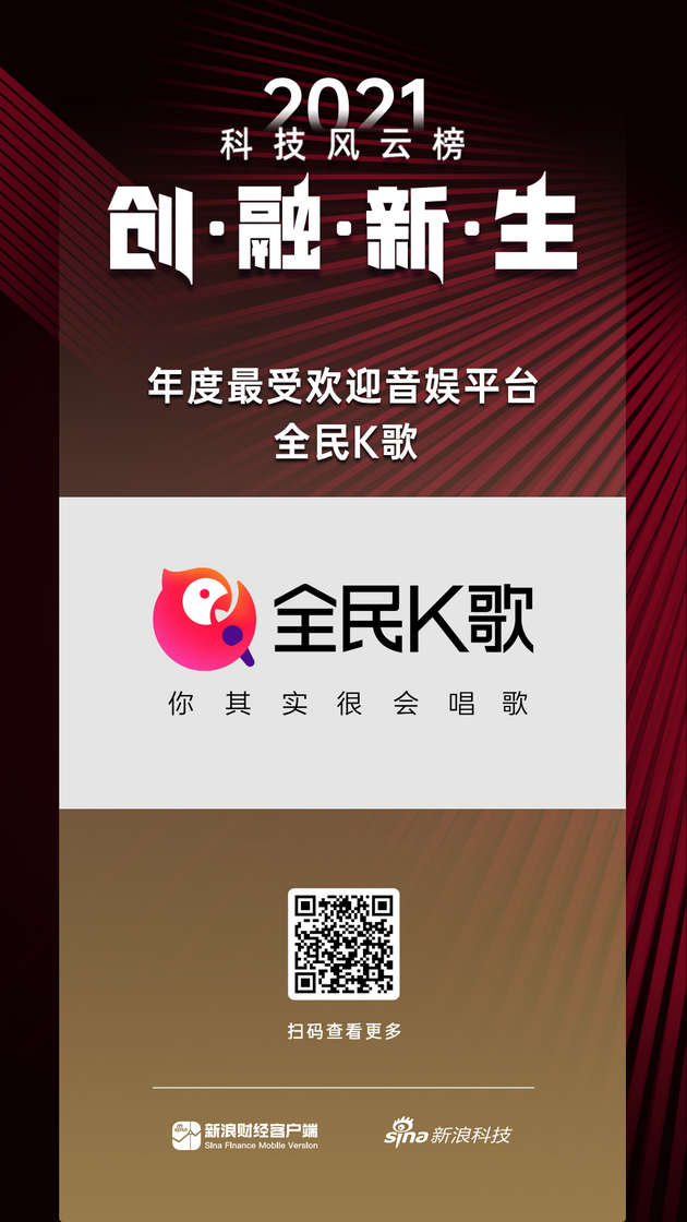 全民k歌获新浪2021科技风云榜年度最受欢迎音娱平台奖