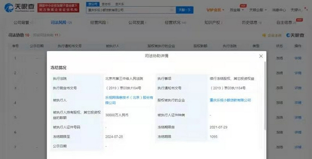 乐视子公司被续行冻结3亿股权