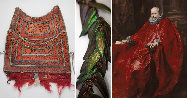艺术家们对昆虫及其产物的使用方式多种多样，从左到右分别是用虫胶装饰的一块西藏马铠、南美洲阿瓜鲁纳人用甲虫翅鞘制作的耳饰，以及比利时弗拉芒画家安东尼·范戴克用胭脂虫染料绘制的一幅画作