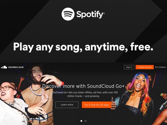 Spotify（上）和SoundCloud（下）界面 图片来源：官网截图