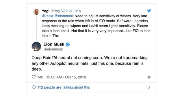 特斯拉 CEO马斯克在Twitter上公布将会推出全新的“深度雨水神经网络”