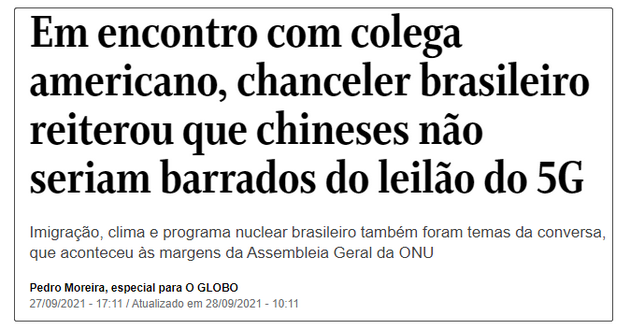 在与美国同事会面时，巴西重申不会禁止中国参与5G拍卖。来源：环球电视网