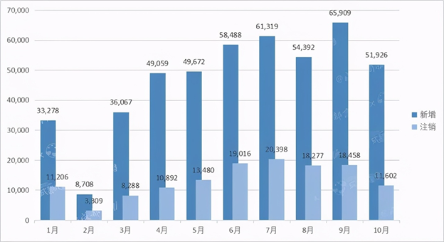 截至10月，2020年教培企业新增与注销情况 图源：网络