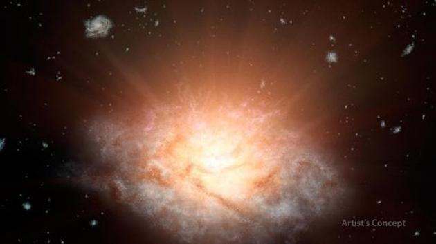 图为目前已知最明亮的星系——WISE J224607.57−052635.0的概念图。其直径只有银河系的十分之一左右，亮度却超过银河系的一万倍。