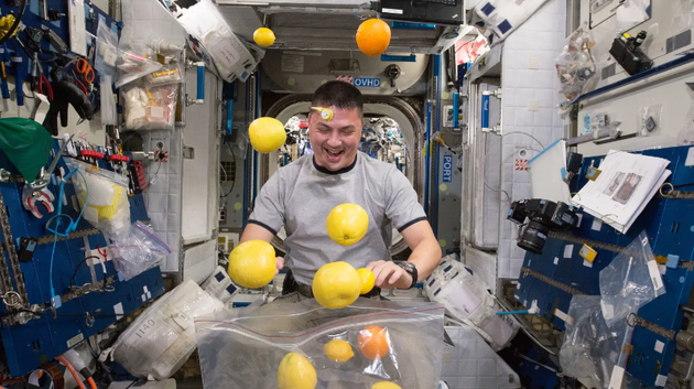 2015年8月25日，美国国家航空航天局宇航员谢尔__林德格伦(Kjell Lindgren)艰难地装着送达国际空间站的水果。林德格伦是一项研究长期任务影响的10名受调宇航员之一。最新研究表明，长期太空任务将导致宇航员加速衰老。