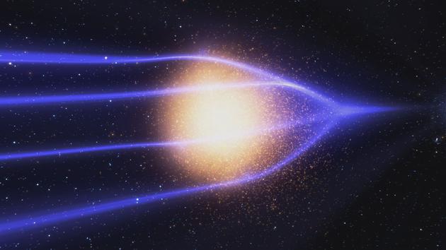 “修兹劳透镜”星系（Huchra‘s Lenses）的引力导致类星体“爱因斯坦十字”（Einstein Cross）发出的光线在周围发生弯曲。