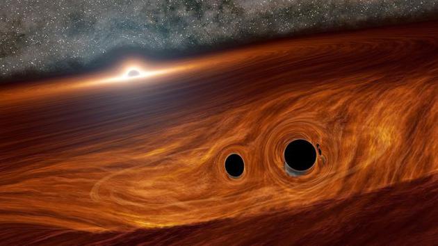 艺术家描绘两个黑洞在一个超大质量黑洞的圆盘内合并，之后释放出一束光。
