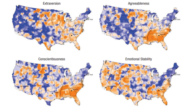 五大人格特征中四个的区域差异。