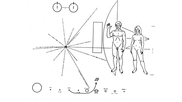 图中是先驱号探测器牌匾，其中记录着“脉冲星地图”，地球位于线条交汇中心，还描绘着一个男人和一个女人。