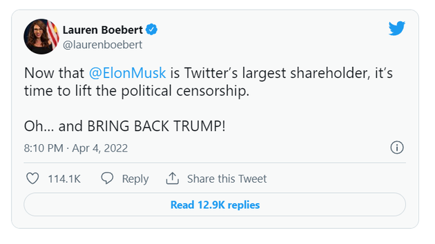 共和党议员博伯特声援马斯克：是时候取消推特的政治审查了 社交媒体截图