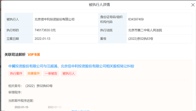 天眼查关于信中利以及汪潮涌被执行信息