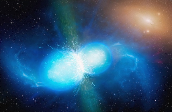 两颗中子星在宇宙深处碰撞（想象图）。除了产生引力波，这样的事件还能产生许多重元素，包括金。