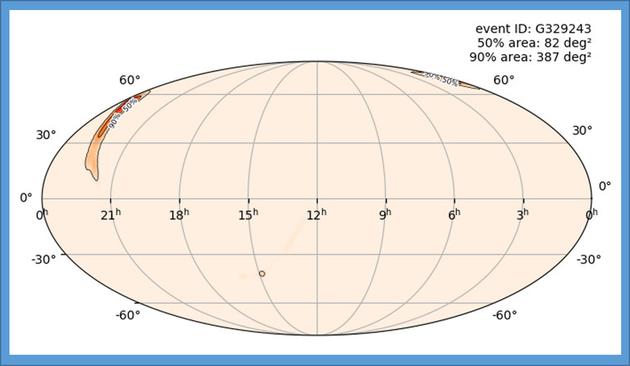 2019年4月8日探测到的引力波信号源所在的天空区域。该区域横跨387平方度，相当于2000个满月，大致蜿蜒穿过天空北半球的仙后座、蝎虎座、仙女座和仙王座