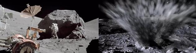 左图：阿波罗17号的科学家宇航员哈里森 · 施密特在一块巨石附近开展工作；右图：月球表面撞击的模拟场景。/ NASA
