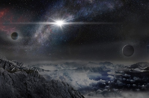 史上最强超新星暴发ASASSN-15lh的想像图。该图表示了从超新星宿主星系中一颗间隔ASASSN-15lh约1万光年的行星上观看ASASSN-15lh暴发的情景。(图片制造：北京天文馆马劲)
