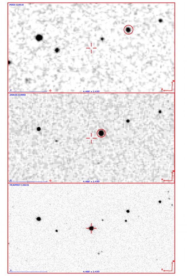 2015年9月，科学家发现Trappist-1每隔一段时间就会消逝一下，说明有几个天体会从它前方穿行而过。该行星当初所在的地位(最下方图片)由红色十字标注出来。它在1953年(最上方图片)和1998年(中心图片)的地位则由红圈标注，方便与当初的地位进行对比。