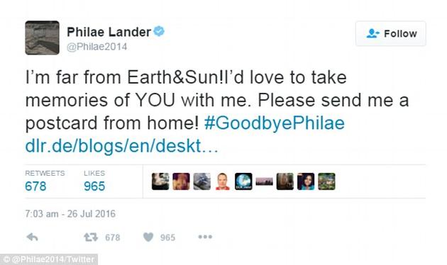 在欧空局“菲莱”着陆器的官方推特账号上发了一条令人伤感的推特：“我当初阔别地球和太阳！我想带上与你们相处的满满回忆(一同离开)。请从家乡给我寄明信片！”