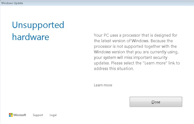 使用最新CPU的用户在升级旧版Windows时会收到兼容性提示