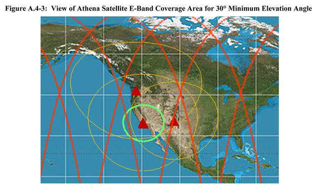FCC公布的雅典娜卫星轨道（红色）、卫星通信范围（黄色）和传输数据回地球的区域（绿色）