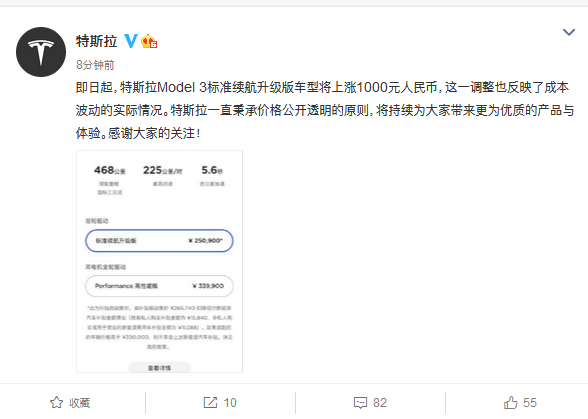 特斯拉：Model 3标准续航升级版车型将上涨1000元