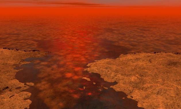 土卫六液态烃海的艺术渲染图。在我们的太阳系中，土卫六上也可能有生命存在。