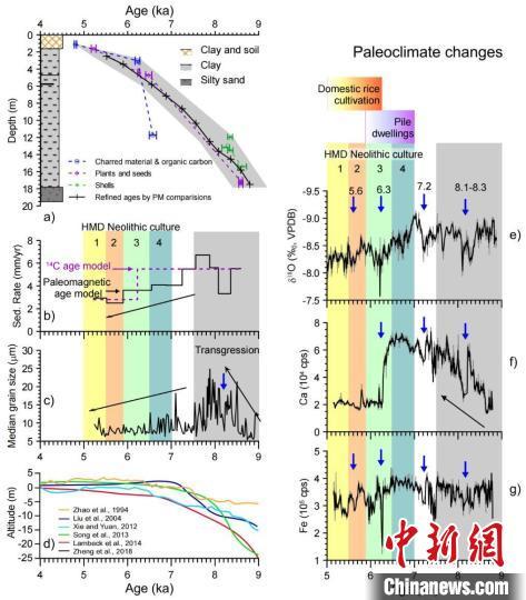 HMD13年代框架（a）及早全新世时期中国东部环境变迁（b、c、d）以及古气候指标（e、f、g）。中科院古脊椎所 供图