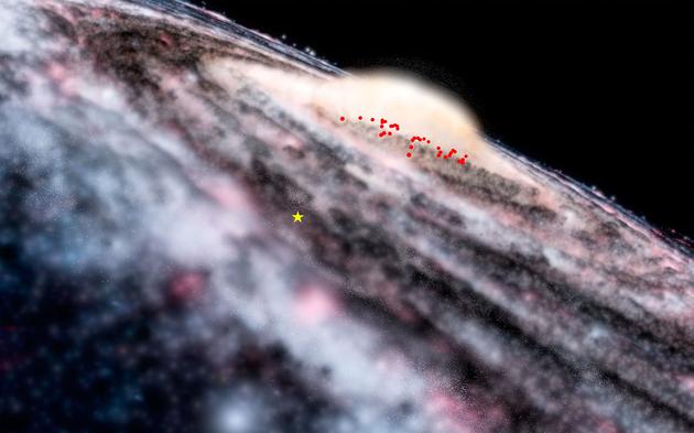 银河系中心造父变星（红点）的图解
