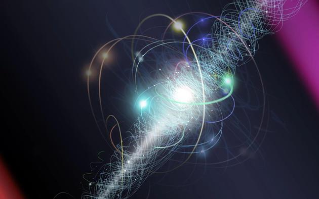 图中是艺术家描绘实验过程中电子在两束激光之间穿行，电子围绕轴旋转，因为其它亚原子粒子云团不断地喷射和重新吸收。