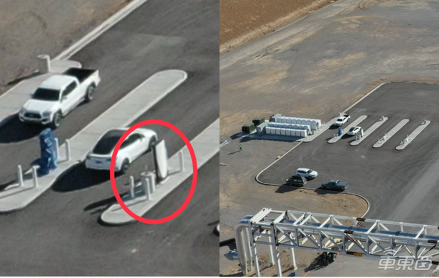 ▲特斯拉内华达工厂曝光的Semi卡车充电桩图片（左为放大图）
