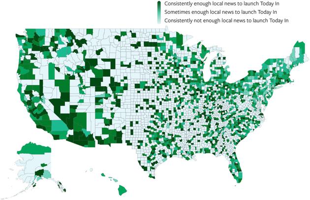  美国不同地区本地新闻在Facebook Today In输送情况（颜色越淡，表示当地新闻量越不足）