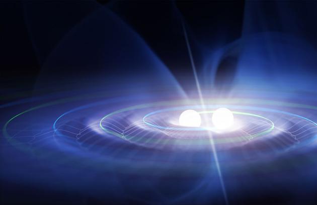 两个黑洞合并时在时空中产生涟漪（引力波）的想象图