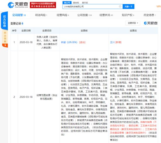 林斌卸任小米有品法定代表人 王川接任