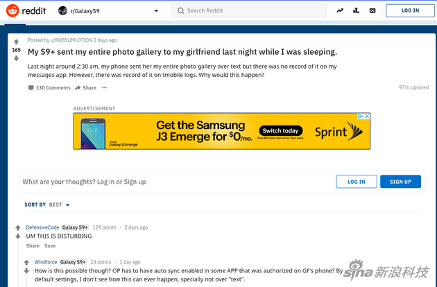 一名国外用户发帖说：昨晚我睡觉时，我那S9+把整个手机相册发给了我的女朋友！