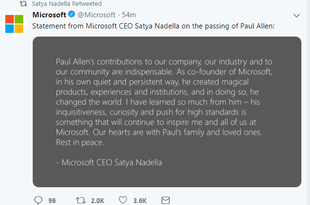 微软CEO Satya Nadella对保罗·艾伦去世的官方声明
