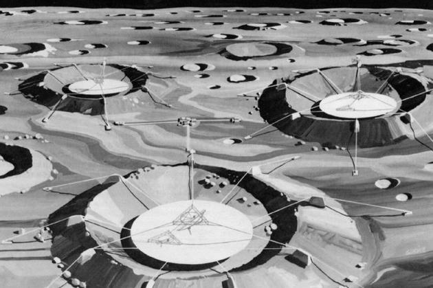 这个几十年前提出的建议来自月球科学家理查德·冯德拉克。登月计划期间，冯德拉克曾就职于阿波罗科学运营中心。他曾提议，利用月球陨石坑，来建造类似波多黎各的阿雷西博般的射电望远镜。设计图中展示的是月球上的三台望远镜如何单独使用，或组合在一起构成一组巨大的设备。