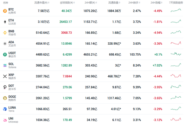部分加密货币一天跌幅（来源：网站截图）