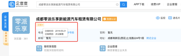 乐享新能源汽车状态显示注销 注销原因为决议解散
