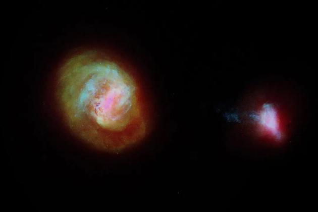 银河系最重要的两个伴生星系，大麦哲伦云（LMC，左侧）和小麦哲伦云（SMC，右侧），根据欧洲航天局的盖亚空间望远镜数据绘制。这两个星系由一个 75，000 光年长的恒星桥连接起来，其中一些恒星从 SMC 的左边延伸开来。图片来源：ESA/GAIA/DPAC