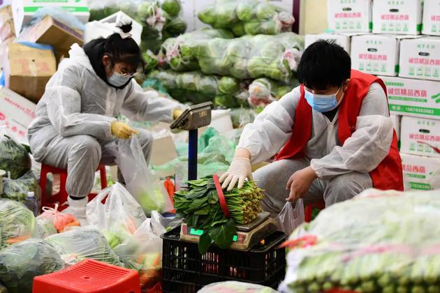 1月18日，石家庄某小区，志愿者在选配蔬菜。/视觉中国