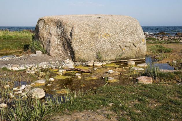来自远方的岩石落在海洋的边缘，暗示存在古老的冰川活动。这块漂石“搁浅”在德国吕根岛阿科纳角的浅水中。