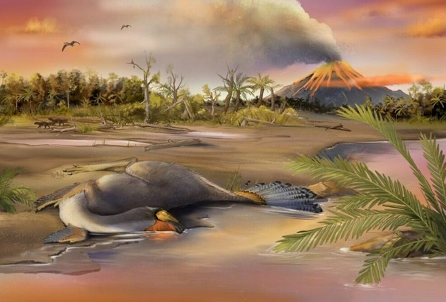 尾羽龙所在的热河生物群生态系统复原图，卧倒的是尾羽龙。