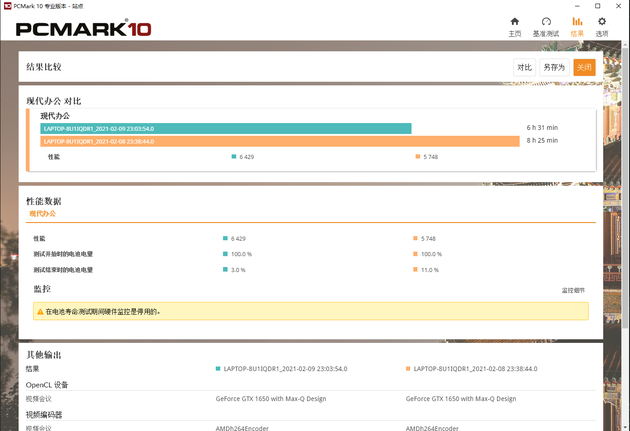 PcMark10现代办公续航测试结果