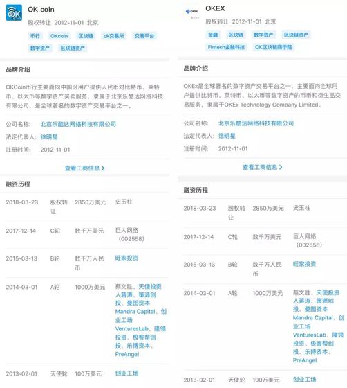 关于OKEx和OKCoin的天眼查信息